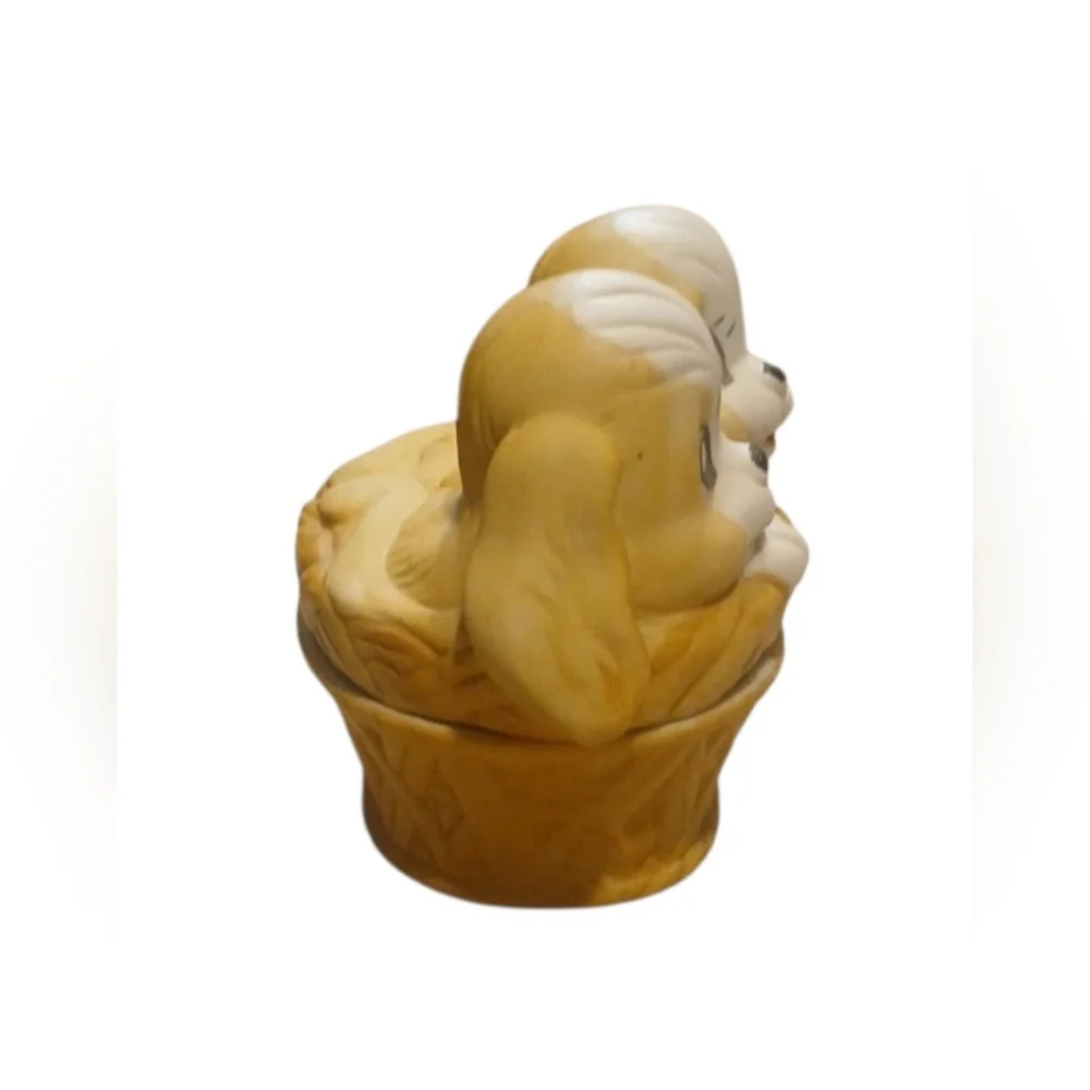 Homco Brown and White Puppy Basket Figurine